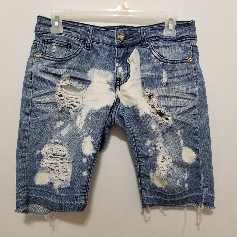 Sulfr shorts 7 distressed bleach splatter bermuda denim jean long whiskered torn
